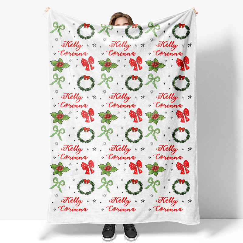 Lofaris Bow Tie Green Floral Christmas Custom Name Blanket