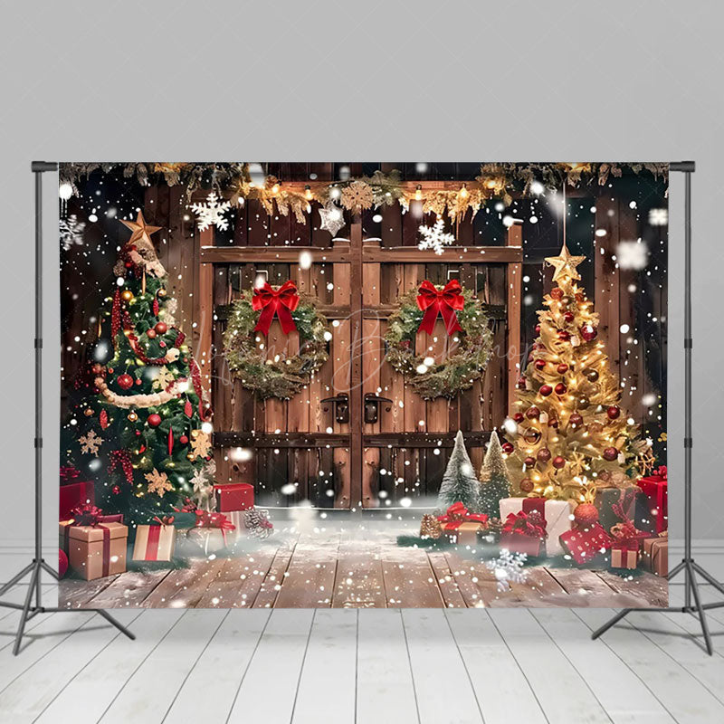 Lofaris Bow Wreath Barn Door Christmas Photo Backdrop