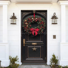 Lofaris Bowknot Red Cherry Wreath Black Christmas Door Cover