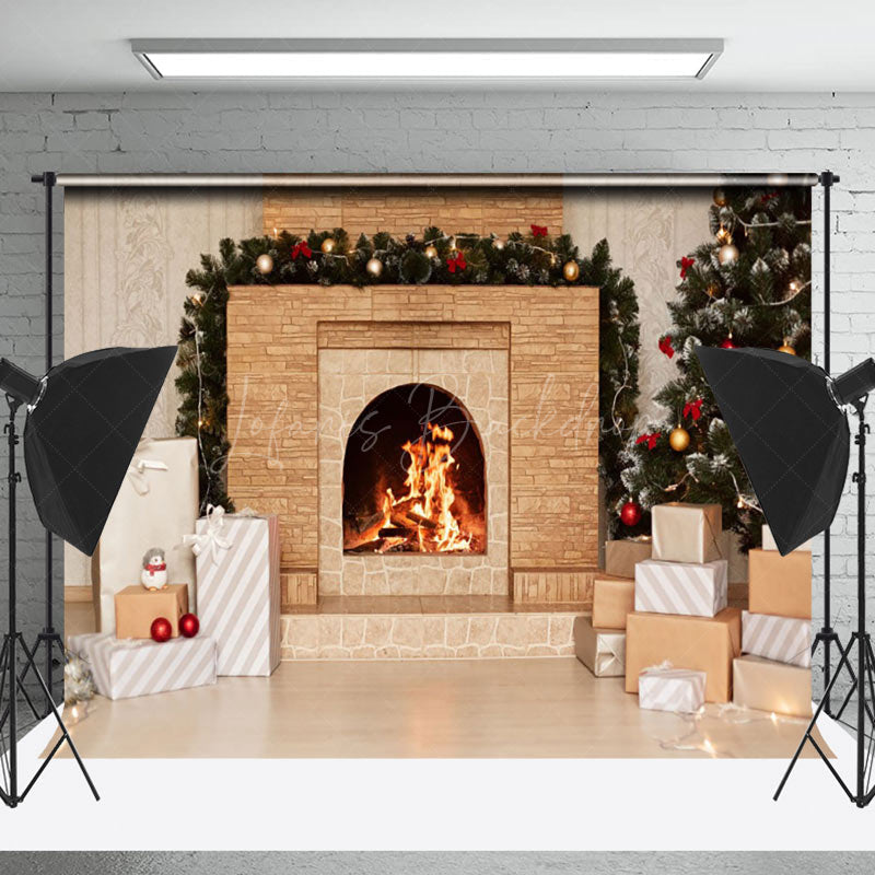 Lofaris Brick Fireplace Gift Box Christmas Backdrop