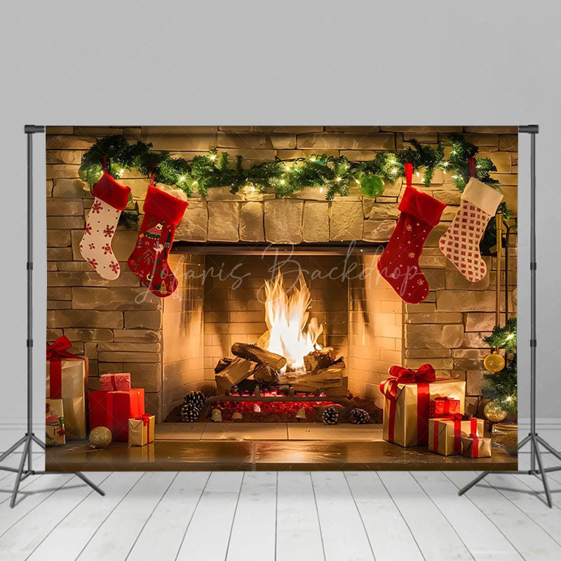 Lofaris Brick Fireplace Red Socks Christmas Photo Backdrop