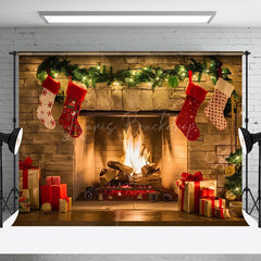 Lofaris Brick Fireplace Red Socks Christmas Photo Backdrop