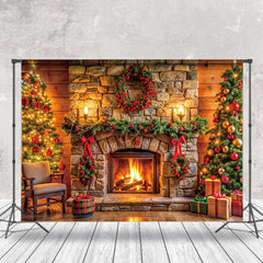 Lofaris Brick Fireplace Wreath Tree Gift Christmas Backdrop