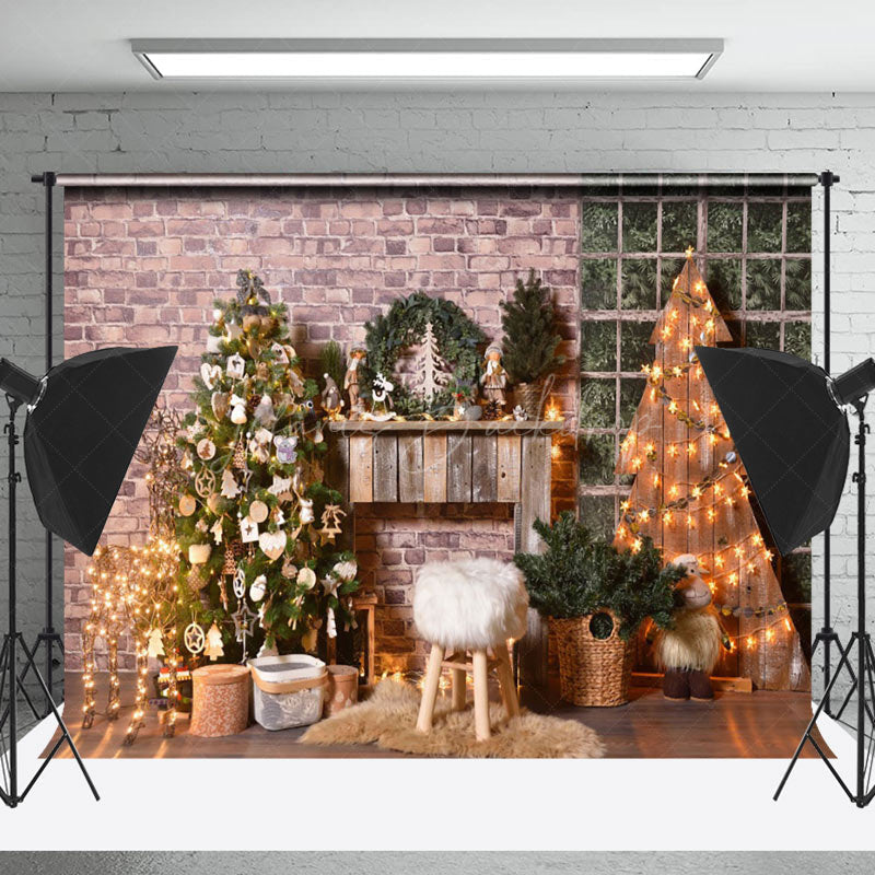 Lofaris Brick Wall Christmas Tree Star Lights Photo Backdrop