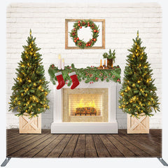 Lofaris Brick Wall Fireplace Tree Christmas Square Backdrop