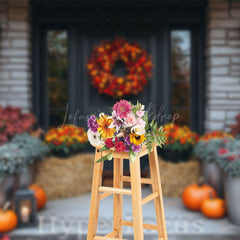 Lofaris Bricks Door Porch Floral Pumpkin Autumn Backdrop