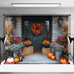 Lofaris Bricks Door Porch Floral Pumpkin Autumn Backdrop