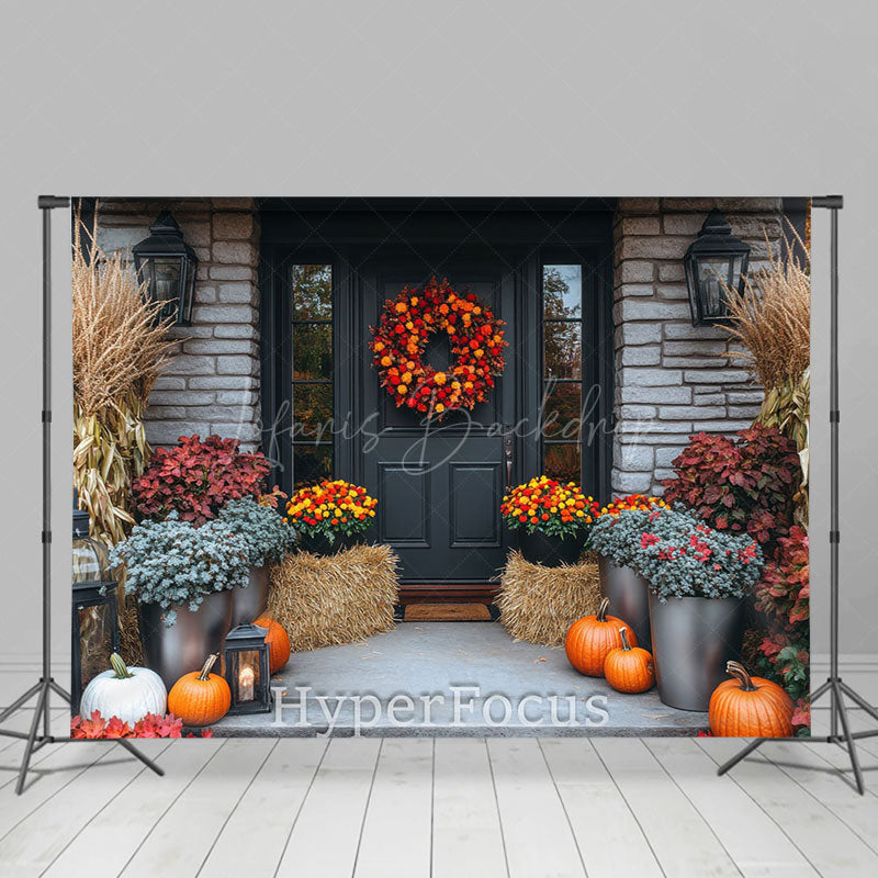 Lofaris Bricks Door Porch Floral Pumpkin Autumn Backdrop