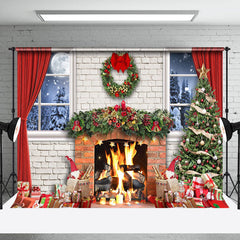 Lofaris Bricks Fireplace Window Curtain Christmas Backdrop