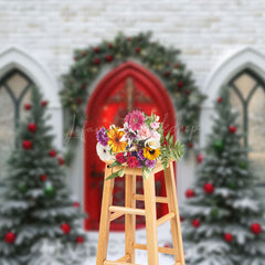 Lofaris Bricks House Red Door Tree Christmas Vibe Backdrop