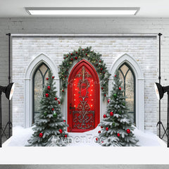 Lofaris Bricks House Red Door Tree Christmas Vibe Backdrop