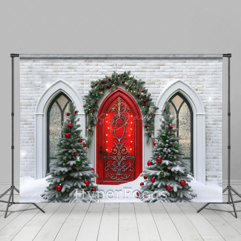 Lofaris Bricks House Red Door Tree Christmas Vibe Backdrop