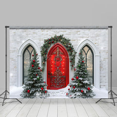 Lofaris Bricks House Red Door Tree Christmas Vibe Backdrop