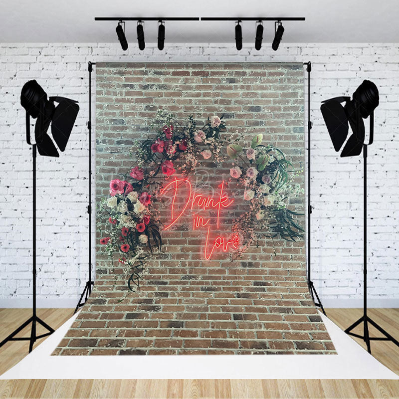 Lofaris Bricks Wall Floral Neon Drink In Love Photo Backdrop