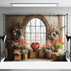 Lofaris Bricks Window Scene Spring Floral Heart Backdrop