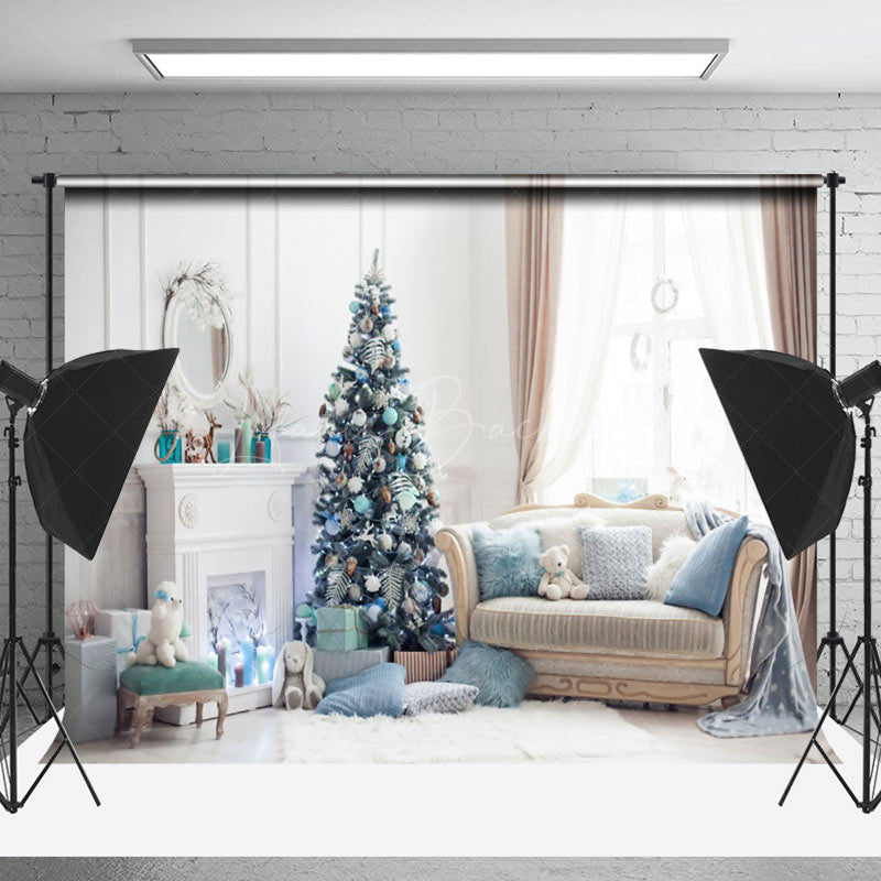 Lofaris Bright Blue Room Sofa Christmas Tree Backdrop