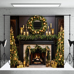 Lofaris Brown Beige Retro Fireplace Christmas Vibe Backdrop