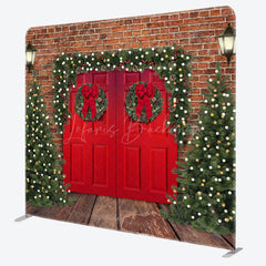 Lofaris Brown Bricks Door Christmas Tension Fabric Backdrop