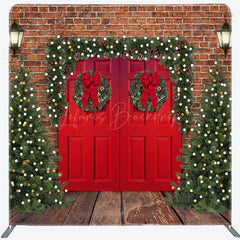 Lofaris Brown Bricks Door Christmas Tension Fabric Backdrop