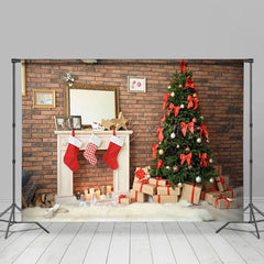 Lofaris Brown Bricks Wall Xmas Tree Merry Christmas Backdrop