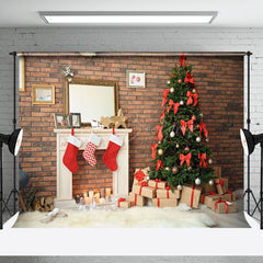 Lofaris Brown Bricks Wall Xmas Tree Merry Christmas Backdrop