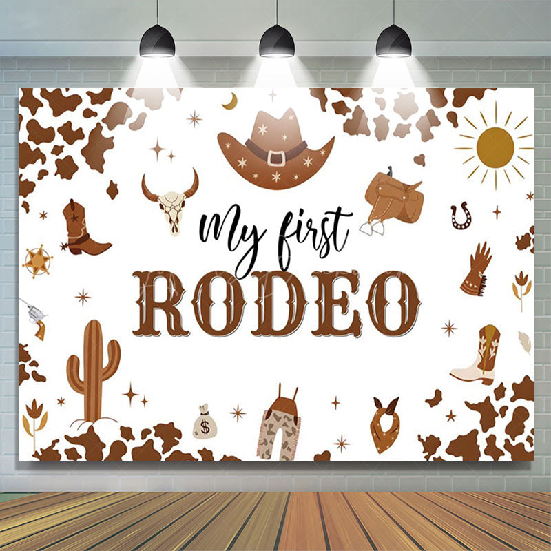 Lofaris Brown Cow Pattern My First Rodeo Birthday Backdrop