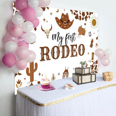 Lofaris Brown Cow Pattern My First Rodeo Birthday Backdrop