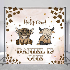 Lofaris Brown Cow Print Custom Name 1st Birthday Backdrop