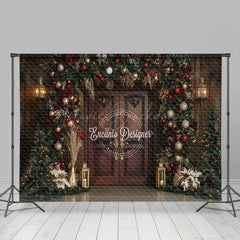 Lofaris Brown Door Christmas Pine Leaf Decor Photo Backdrop