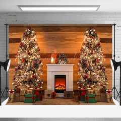 Lofaris Brown Plank Wall Fireplace Christmas Tree Backdrop