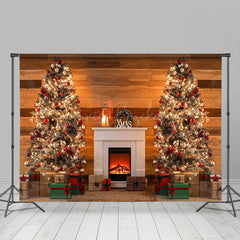 Lofaris Brown Plank Wall Fireplace Christmas Tree Backdrop