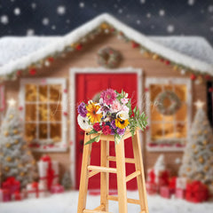 Lofaris Brown Red House Xmas Trees Snowy Christmas Backdrop