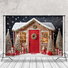 Lofaris Brown Red House Xmas Trees Snowy Christmas Backdrop