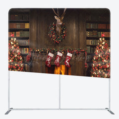 Lofaris Brown Vintage Bookshelf Christmas Fireplace Backdrop