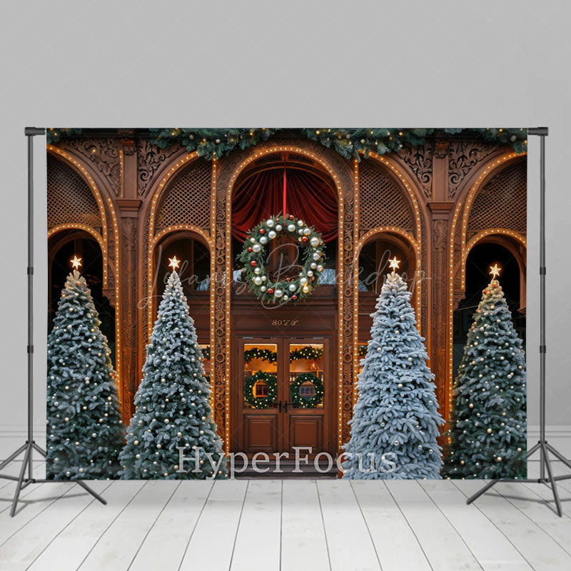 Lofaris Brown Vintage House Xmas Trees Christmas Backdrop