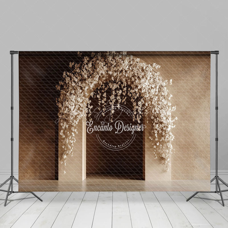 Lofaris Brown Wall Arch White Floral Wedding Photo Backdrop