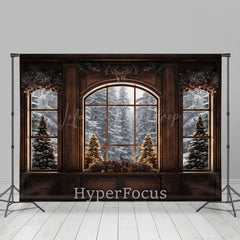 Lofaris Brown Window Snowy Forest Scene Christmas Backdrop