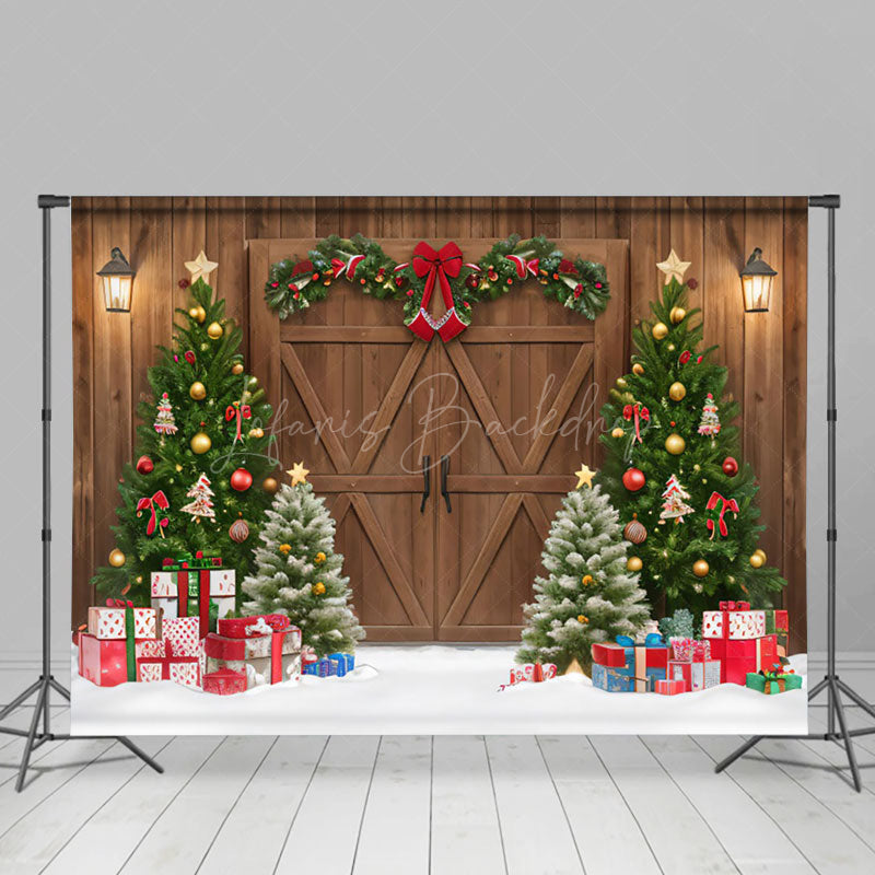 Lofaris Brown Wood Barn Door Wreath Christmas Tree Backdrop