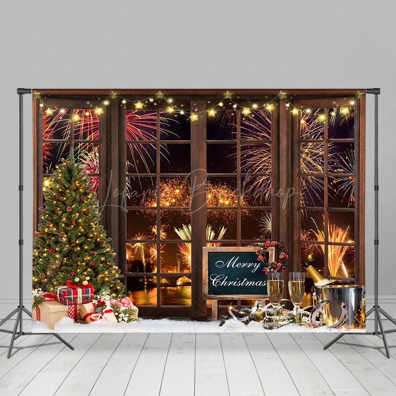 Lofaris Brown Wood Window Sparks Champagne Christmas Backdrop