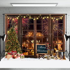 Lofaris Brown Wood Window Sparks Champagne Christmas Backdrop