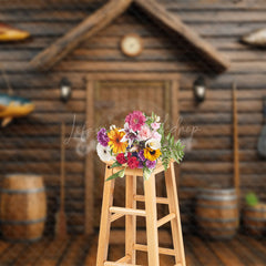 Lofaris Brown Wooden Cabin Fish Plant Cake Smash Backdrop