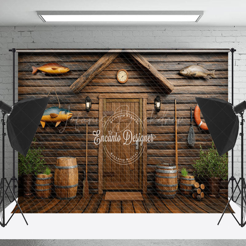 Lofaris Brown Wooden Cabin Fish Plant Cake Smash Backdrop