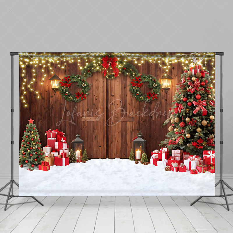 Lofaris Brown Wooden Door Xmas Trees Gift Christmas Backdrop