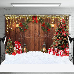 Lofaris Brown Wooden Door Xmas Trees Gift Christmas Backdrop