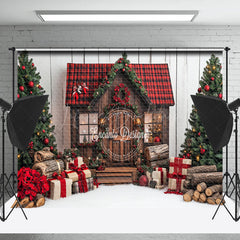 Lofaris Brown Wooden House Gifts Trees Christmas Backdrop