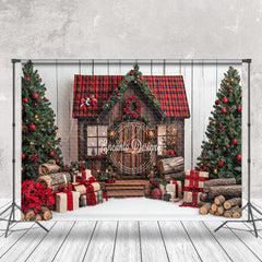 Lofaris Brown Wooden House Gifts Trees Christmas Backdrop