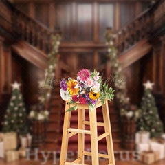 Lofaris Brown Wooden Stairs Gifts Trees Christmas Backdrop