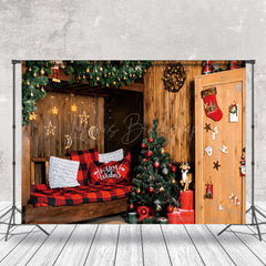 Lofaris Cabin Festive Wreath Wood Sofa Christmas Backdrop