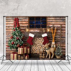 Lofaris Cabin Wood Window Stack Elk Tree Christmas Backdrop