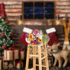 Lofaris Cabin Wood Window Stack Elk Tree Christmas Backdrop